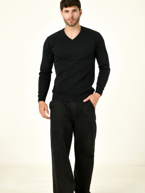 Men Solid V Neck Black Sweater