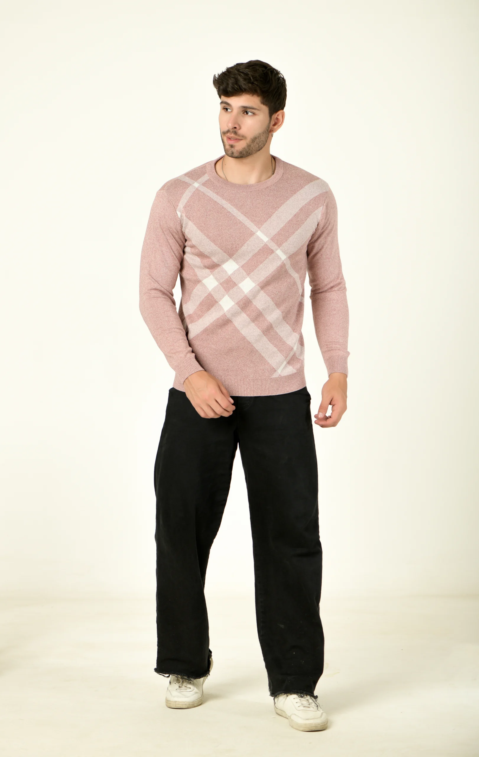 Men Self Design Round Neck Pink Sweater
