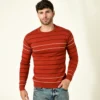 Men Striped Round Neck Brown Sweater