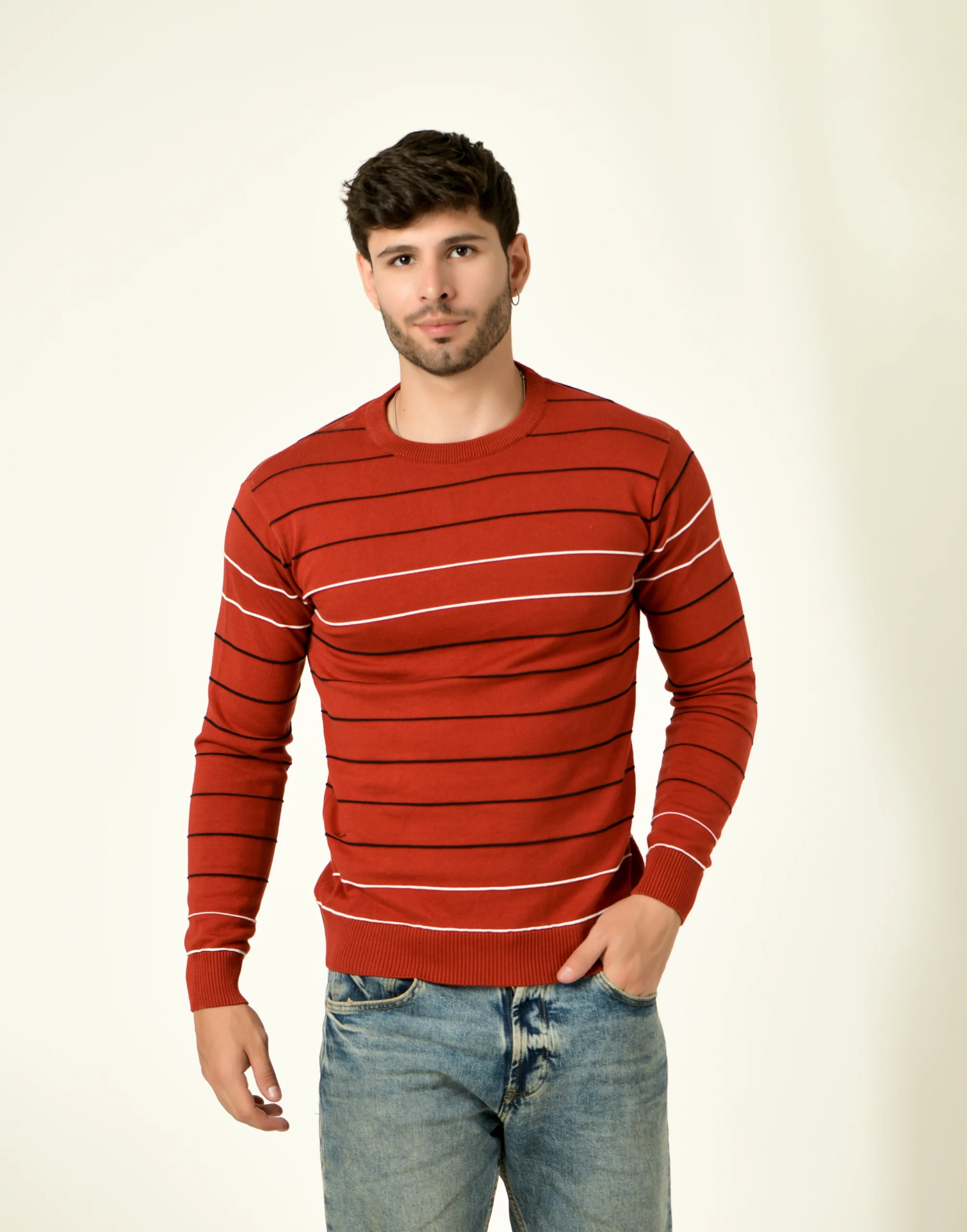 Men Striped Round Neck Brown Sweater